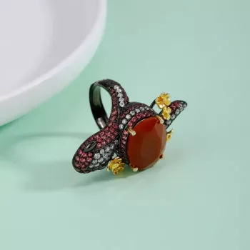 Vintage Red Agate Cocktail Ring: Adjustable 925 Silver