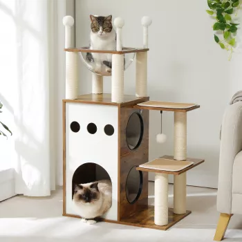 Modern Wooden Cat Tree Tower: Condo, Nest & Scratch Posts
